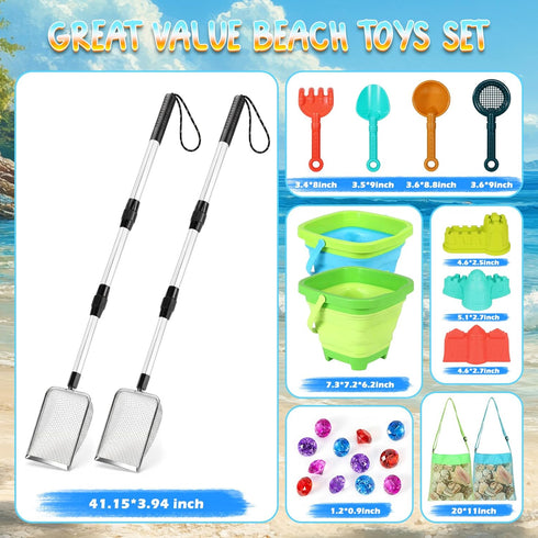 Set 2 3-12 Beach Sand Toys with PCS Adjustable Shark Tooth Sifter, Collapsible Beach Bucket,Sandbox Shovels,Sand Castle