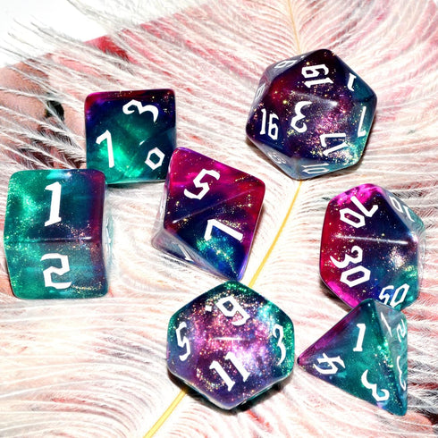 QiAN SiMAi Set| Set Galaxy Dice Dark Green Mix Purple Crystal DND Dice for Board Game