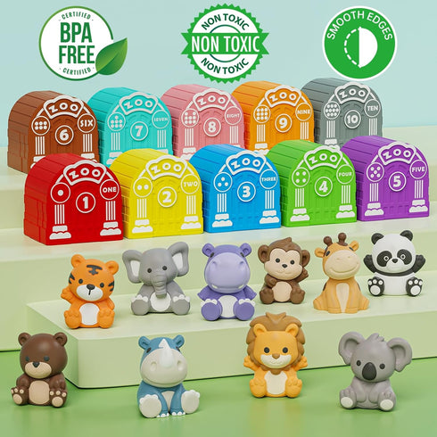Montessori Learning Toy for Toddlers 1-3 Years, Educational Counting, Matching & Sorting with 10 Safari Animals & 10