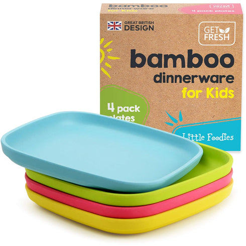 Bamboo Kids Plates, 4 Pack Set, Stackable Bamboo Dinnerware for Kids, Dishwasher Safe