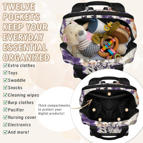 Eativisa Backpack-Multi-functional Lavender flowers Diaper Bag mother and baby bag Thermal compartment USB charging