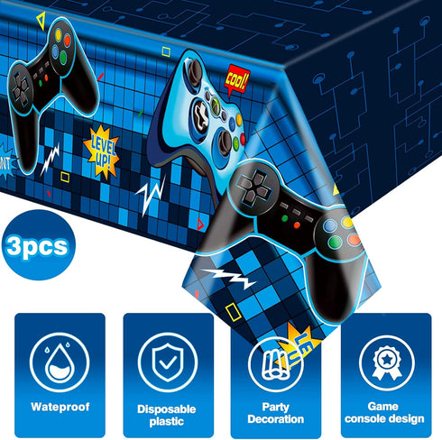 Video Game Rectangular Tablecloth, 3 Pcs Blue PE Plastic Disposable for Boys Gamer Birthday Party