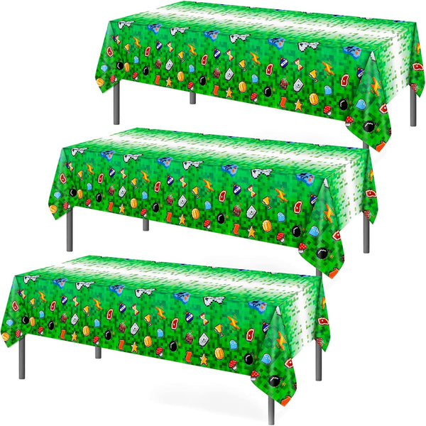 Pixel Miner Game Tablecloth for Party, 3 Pack Videogame-Themed Table Covers, 51 x 87 Inch for Kids Birthday