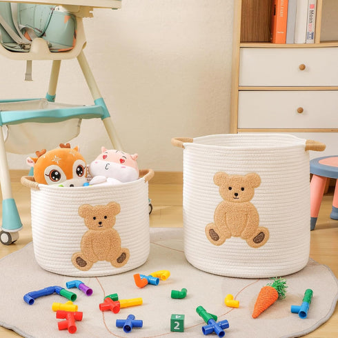 Large Blanket Baskets for Living Room, Teddy Bear Baskets Toy Storage Basket Woven Cotton Rope Basket for Kids, Toys