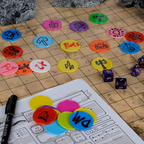 DND Wet & Dry Erase Tokens - Set of 100 Colorful Blank Counters for Tabletop RPGs
