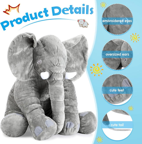 Giant Stuffed Elephant Plush Toy - Huge Soft Gray Elephant Doll for Kids, Girlfriend, Home Decor (15.7 Inch)