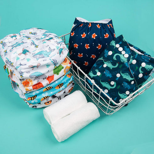 6 Pack 10pcs 6FB12 babygoal Reusable Cloth Diapers with Inserts, One Size Adjustable Washable Pocket Nappy Covers