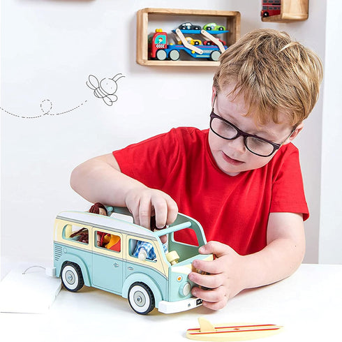 Le Toy Van Wooden Holiday Campervan with Detachable Surfboard, Suitable for Ages 3 and Up