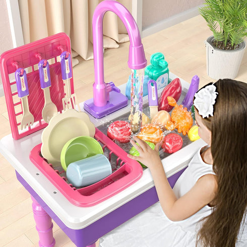 Electric Dishwasher Play Kitchen Sink Toys with Running Water, Play Food & Tableware Accessories for Toddlers Kids