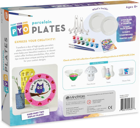 2 12 2 2 MindWare Paint Your Own Porcelain Plates - Kit Includes Porcelain Plates, Paints, Paint Brushes, and Stands