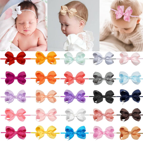 CellElection 25 Colors Baby Girls Headbands, Soft Stretch Nylon Hairbands, 3-Inch Grosgrain Ribbon Bows for Kids