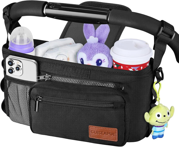 Guiseapue Universal Stroller Organizer with Cup Holder, Detachable Phone Bag, Fits Uppababy, Baby Jogger, Doona
