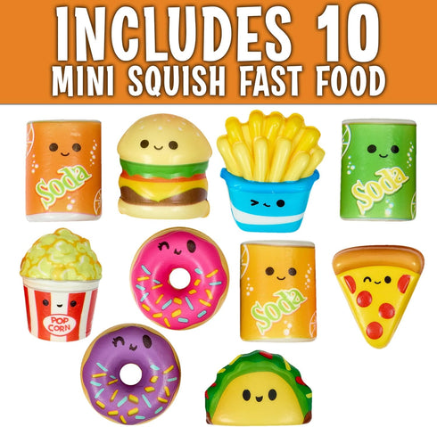 Mini Squish Fast Food Toys, 10 Pack Assorted Designs, Slow-Rise Stress Relief Toys for Kids, Party Favors for Boys &