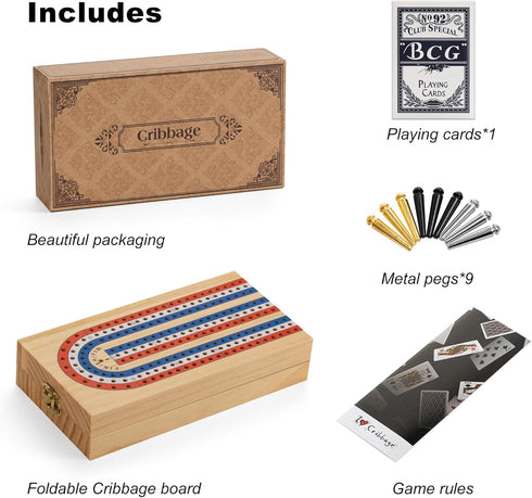 Set, 9 1 Foldable Cribbage Board Game Portable Travel Cribbage Board with Storage Area, Metal Pegs, Playing Card