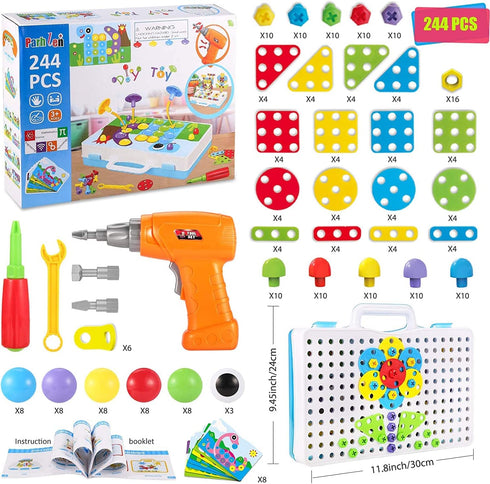 Educational Toys Building Blocks, 244 Pieces Electric Screwdriver DIY Kit for Kids Ages 4-10