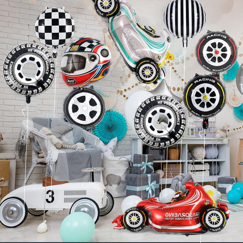10 PCS Race Car Balloons, Hot Wheel Tire Balloons and Foil Helmet Checkered Balloons for Birthday Party