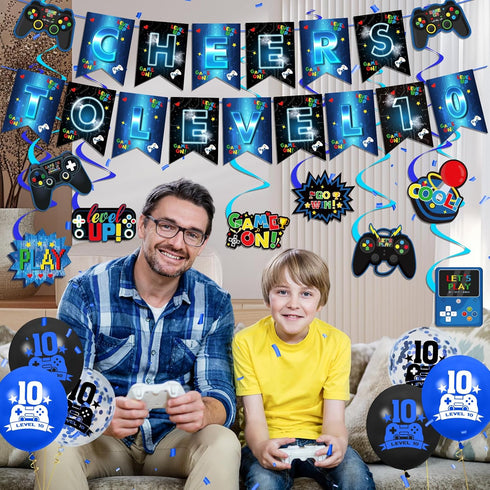 Video Game 10th Birthday Party Decorations, Blue and Black Level Up 10 Balloons Kit for Boys Girls 10 Years Old