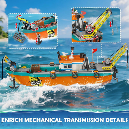 Set 6 7 8 9 10+, 762PCS City Fishing Boat Wharf Building - Floatable Sea Fishing Ship Building Block Kit with Speedboat