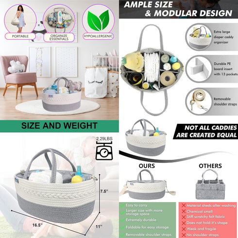 Extra Large Baby Diaper Caddy Organizer - Portable Rope Storage Basket for Nursery