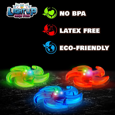 PICK A TOY Light Up Ninja Flyers Set, 3 LED Electronic Stars, Heavy Duty Rubber Discs for Kids Tossing Games