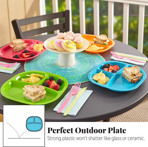 US Acrylic Harmony 3-Compartment Kids Tray Set of 12 - 4 Calypso Colors, BPA-Free, Dishwasher Safe