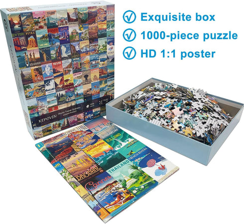 1000 1000 90 Puzzles for Adults Pieces Vintage World Travel, Jigsaw Puzzles Landscape Poster Puzzle Landmarks, Piece