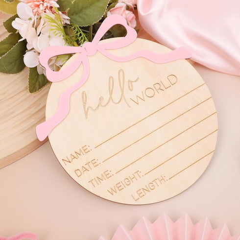 WAUAO Hello World Bow Wooden Baby Announcement Sign - Baby Girl Birth Announcement,Personalized Baby Name Sign,Bow
