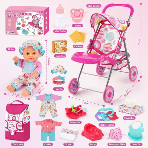 Set 12.5" Backpack 21 2 Sets Set Baby Doll Stroller with Doll, Baby Dining Table, with Carrier, PCS Baby Doll