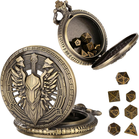 Mini DND Dice Set 7pcs Polyhedral Metal D&D Dice Steampunk Hollow Paladin Knight Warrior Pocket Watch Shell Case
