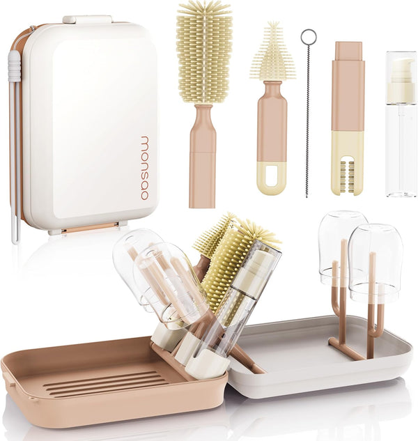 MONSAO Baby Bottle Brush Set with Drying Rack, Portable Silicone Bottle Cleaner Kit