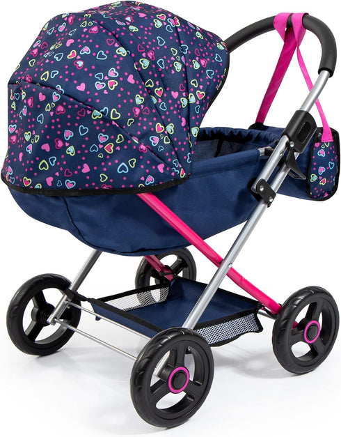 Bayer Design Dolls Pram Cosy - Blue, Pink, Hearts, Includes Blanket & Shoulder Bag, Fits Dolls Up to 18"