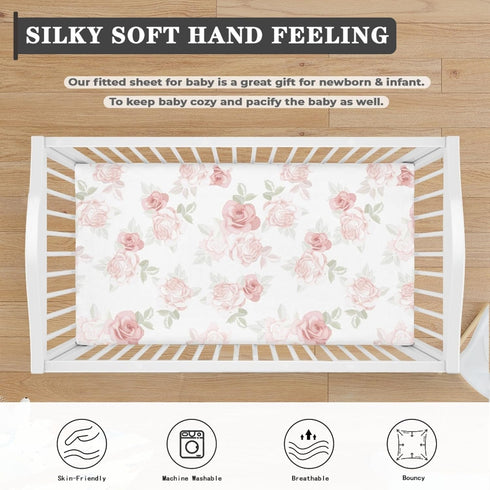 JEPFEIXIA 28"x52" Pink Roses Fitted Crib Sheet for Boys Girls Beautiful Flower Leaves Baby Sheet for Standard Crib