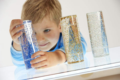 TickiT Sensory Glitter Storm - Set of 3 Calming Glitter Tubes in Blue, Silver, Gold for Stress Relief