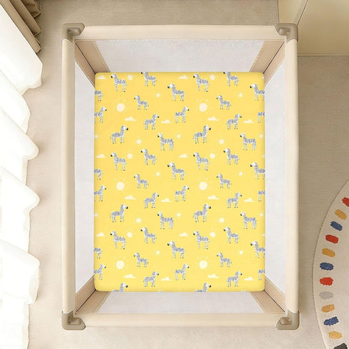 miaozhen 1 Pack 52x28 Cotton Crib Sheets for Baby Boys Girls Comfy Breathable Style Zebras Sun Pastel Yellow Toddler