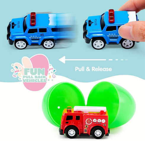 12 JOYIN Pcs Prefilled Easter Eggs with Toys, Plastic Eggs with Cute Pull Back Cars, Easter Basket Stuffers, Party