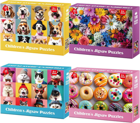 Jeacirio 100 Piece Puzzles for Kids Ages 4-8 - Dogs Flowers Donuts Cats