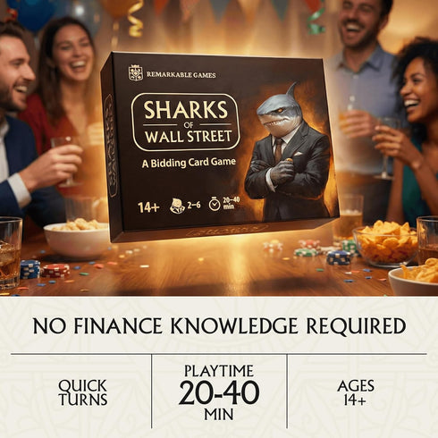 20-40 14+, 2-6 Sharks of Wall Street Auction Core Bidding Card Game Portable, Quick, Entertaining, Easy To Learn