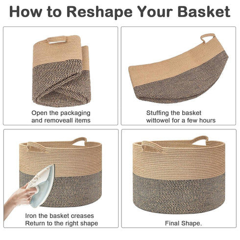 65L Large Woven Cotton Rope Blanket Basket with Handles, Laundry Hamper Storage Bin for Pillows, Clothes, Bedroom