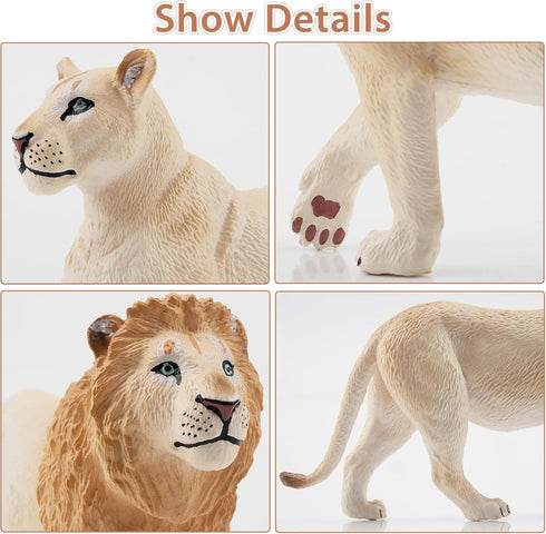 6PCS 2-5" Set Toymany White Lion Figurines with Lion Cubs, Wild Life Jungle Animals Figures Realistic Family Includes