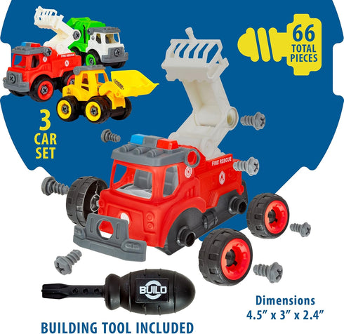 Flybar Power Gearz Take Apart Toy Truck Set, 3 Pack for Boys and Girls - Fire, Construction, Garbage Truck
