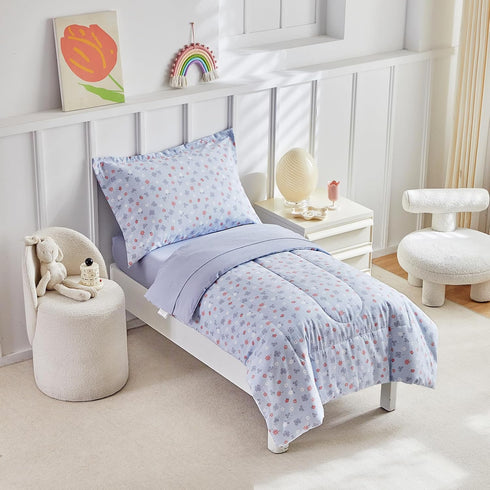Set Boys,4 Sets,Blue Set,Include DuShow Toddler Bedding for Girls and Piece Bed-in-a-Bag Toddler Comforter Floral Crib