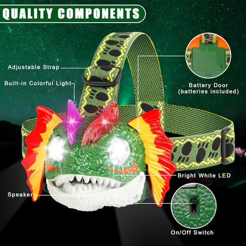DX DA XIN Dinosaur Headlamp - LED Dilophosaurus Headlamp for Kids - Camping Gear Essentials - Dinosaur Toy Flashlight
