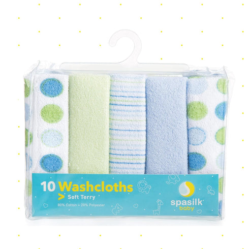 Spasilk Washcloth Wipes Set, Pack of 10, Soft Terry Washcloths for Newborn Boys and Girls, Blue Dots