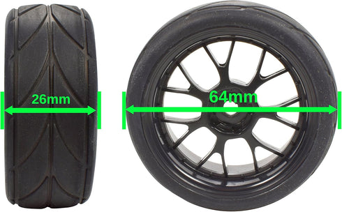 Apex RC Products 1/10 On-Road 12mm Black Mesh Wheels V Tread Rubber Tires (Set of 4) #5002