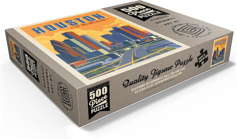 MyPuzzle Houston, Texas Vintage Poster, Skyline - Premium 500 Piece Jigsaw Puzzle for Adults
