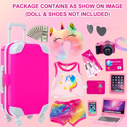 XFEYUE 23 18 inch Set Pcs American Doll Clothes and Accessories - Suitcase Luggage , Pillow, Sunglasses, Camera