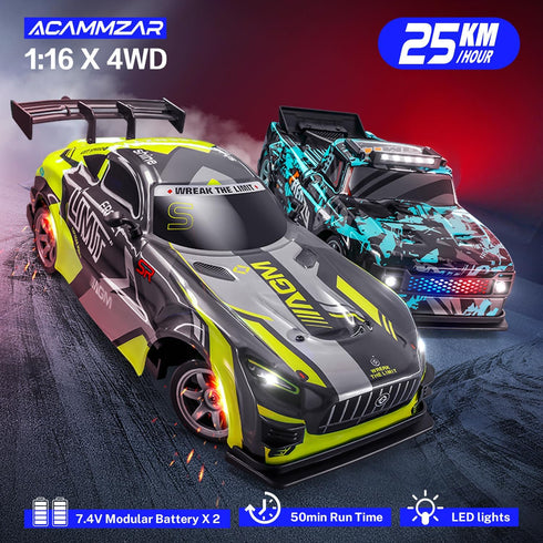 ACAMMZAR 1:16 RC Drift Car, 25KM/H 4WD High Speed Remote Control Cars for Kids, with LED Lights, Two Batteries