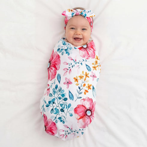 4 Sets Set 4 Moukeren Newborn Receiving Blanket Headband Baby Flower Swaddle Infant Sleepsack Nursery Blankets for Warm