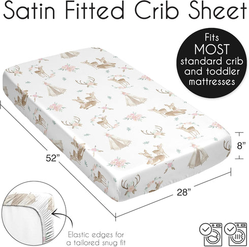 Sweet Jojo Designs Woodland Deer Floral Girl Baby Satin Fitted Crib Sheet Infant Newborn Nursery Toddler Bed Room