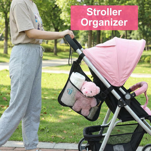WJIAAA 2 Pack Side Sling Stroller Organizer, Universal Portable Side Sling Stroller with Mesh Cargo Net, Black